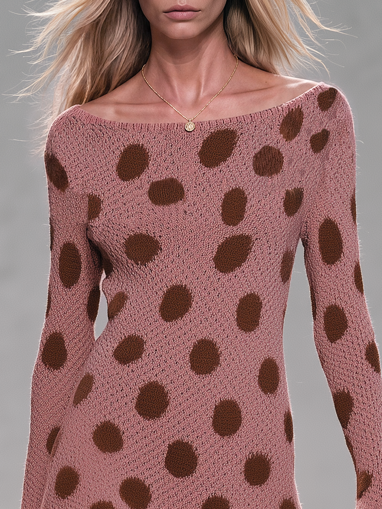 Retro-chic Boat-neck Knit Dress In Pink-brown With Polka Dots