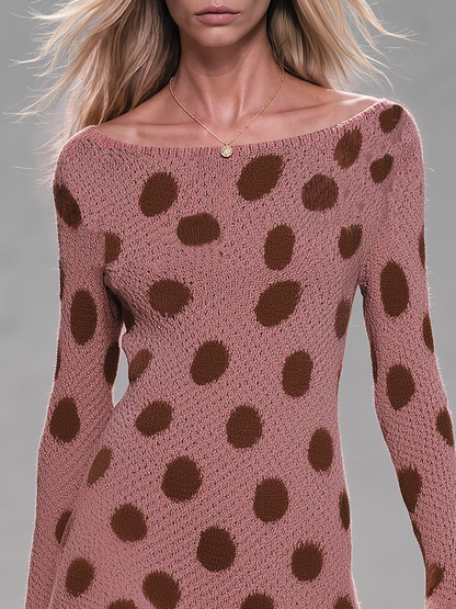 Retro-chic Boat-neck Knit Dress In Pink-brown With Polka Dots