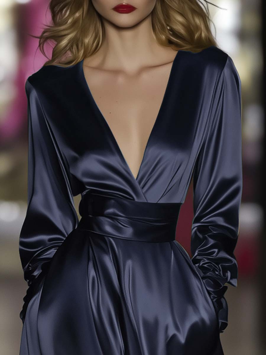 Elegant and Flowing V-neck Dark Blue Satin Midi Dress