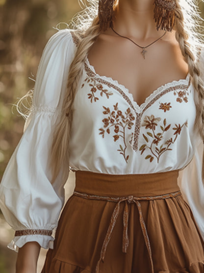 Elegant And Fashionable Bohemian Flower Embroidered Shirt Skirt Set