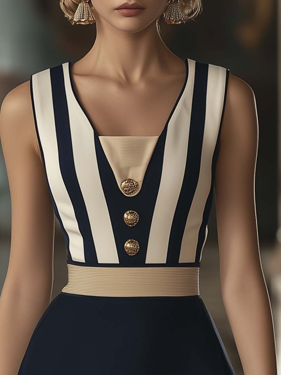 Fashion Striped Gold Trim Contrast Color Mini Dress