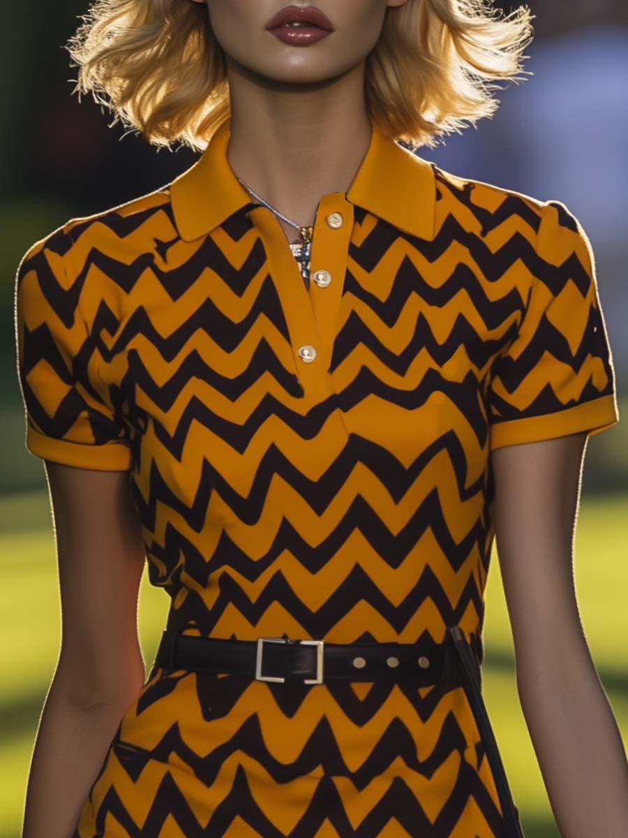 Fashion Retro Sporty Polo Collar V-shaped Pattern Orange Mini Dress