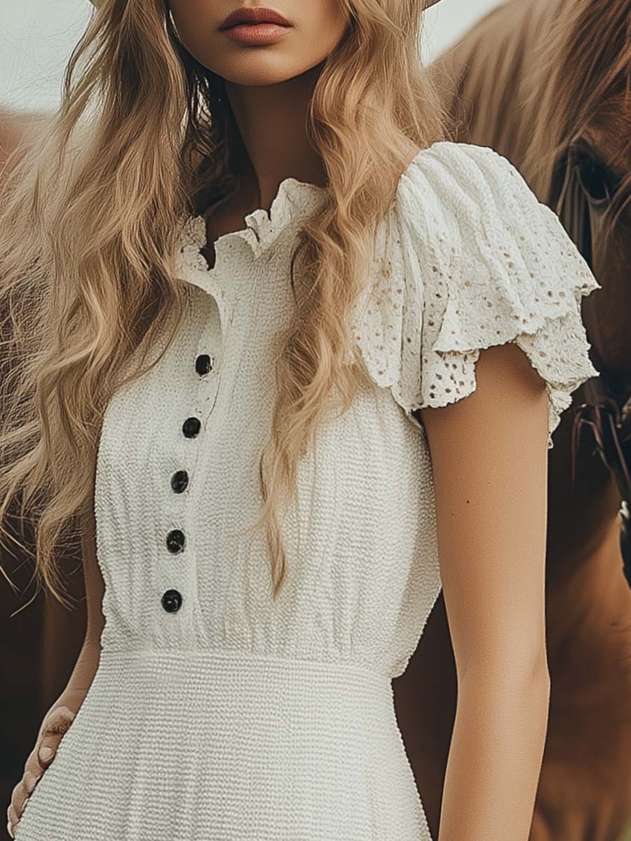 Elegant and Fashionable Lotus Leaf Short-sleeved White Mini Dress