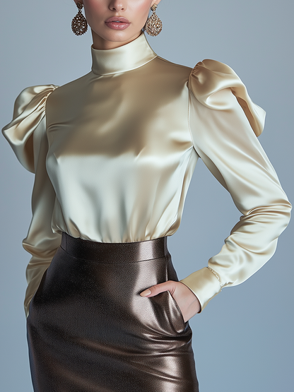 Elegant Satin Stand Collar Long Sleeve Shirt