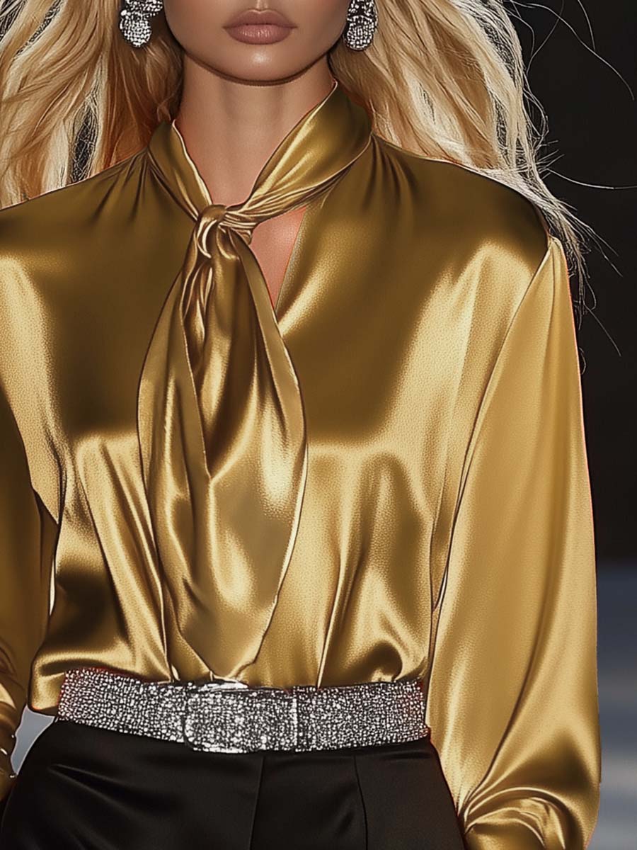 Elegant and Fashionable Golden Satin Ribbon Blouse