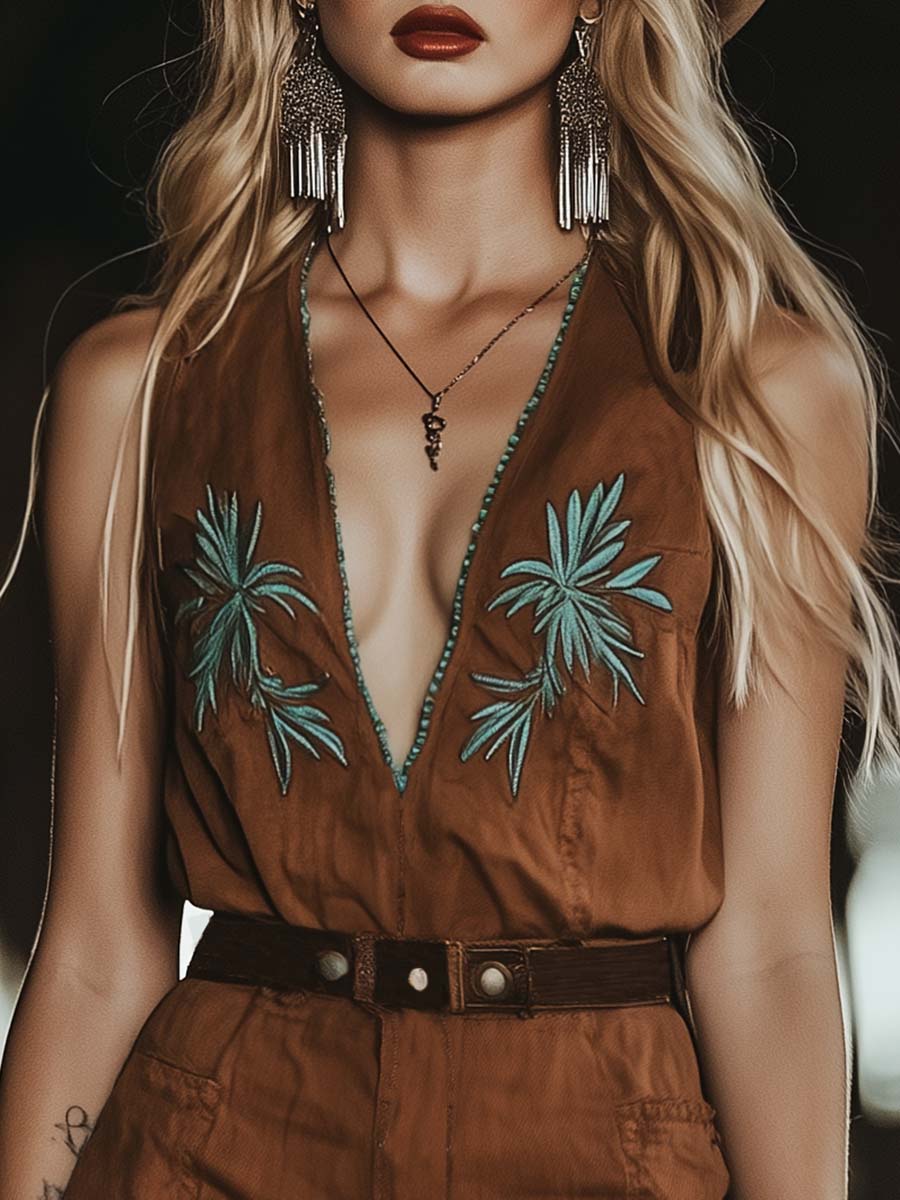 Fashion Western Embroidery Brown Shorts Jumpsuit