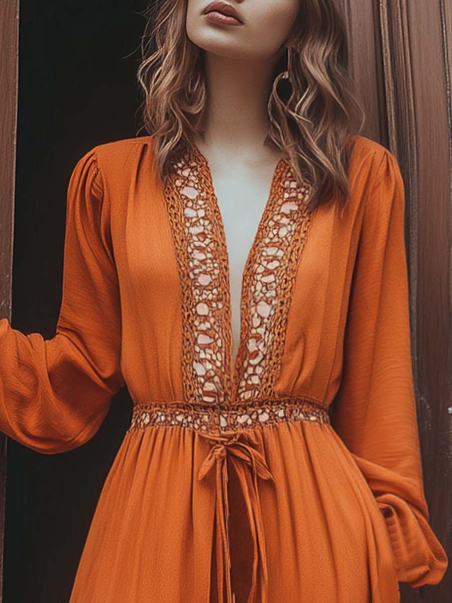 Fashionable and Vibrant Bohemian V-neck Hollow Trim Orange Jumpsuit