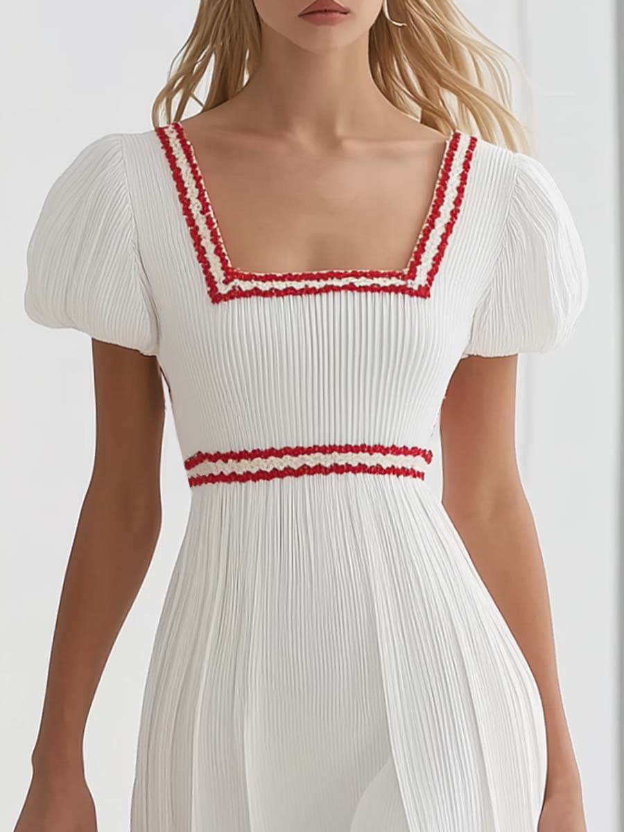 Elegant Square Neckline Short Sleeves Red Stitching Trim White Maxi Dress