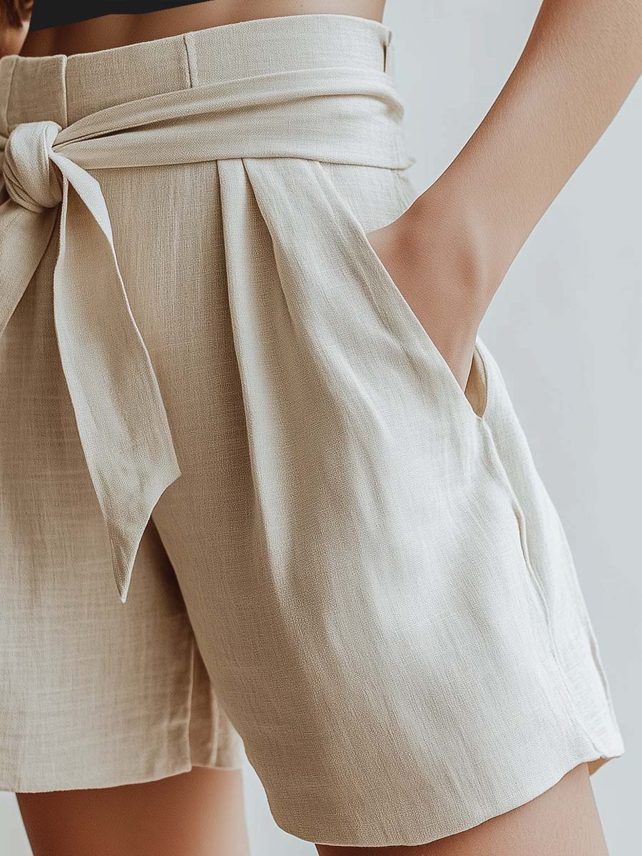 Easy-going Waist-tied Off-white Linen Shorts