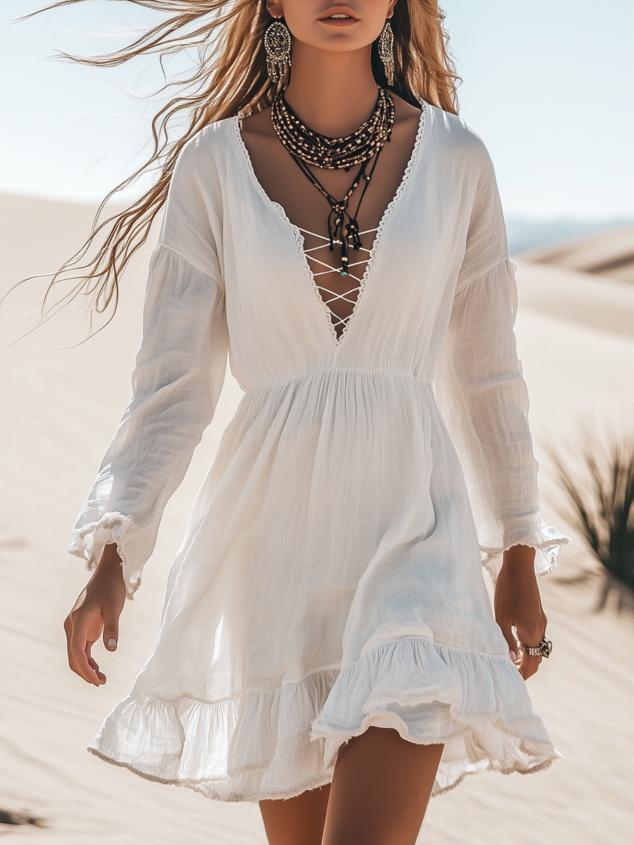 Boho V Neck Cotton And Linen Long Sleeve Mini Dress