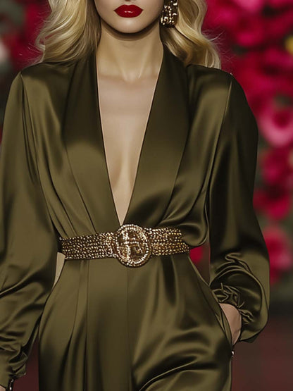 Elegant and Fashionable V-neck Belted Olive Green Satin Jumpsuit