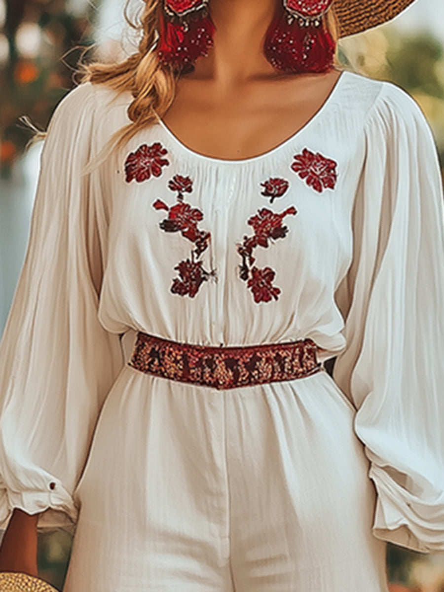 Elegant And Fashionable Bohemian Floral Print Wide-Leg Jumpsuit