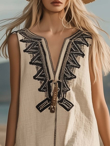 Retro V-neck Sleeveless Tassel Geometric Pattern Embroidered Linen Mini Dress