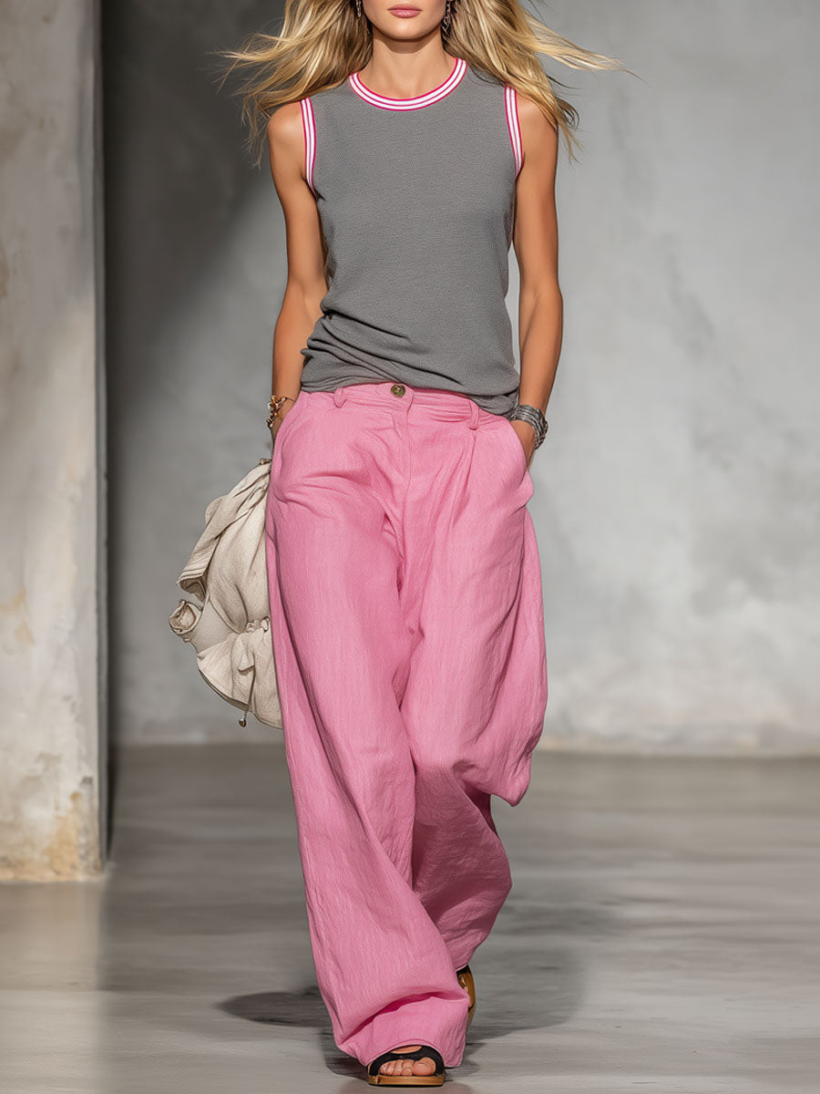 Round-neck Sleeveless Top And Cotton And Linen Wide-leg Pants Set