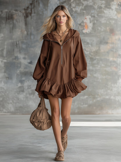 Vintage Hooded Half-zip Ruffle Trim Cotton And Linen Mini Dress