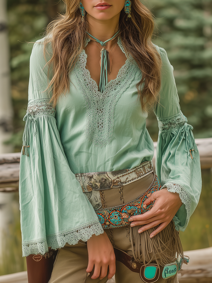 Romantic Bohemian Style Lace-paneled Flared-sleeve Light Green Shirt