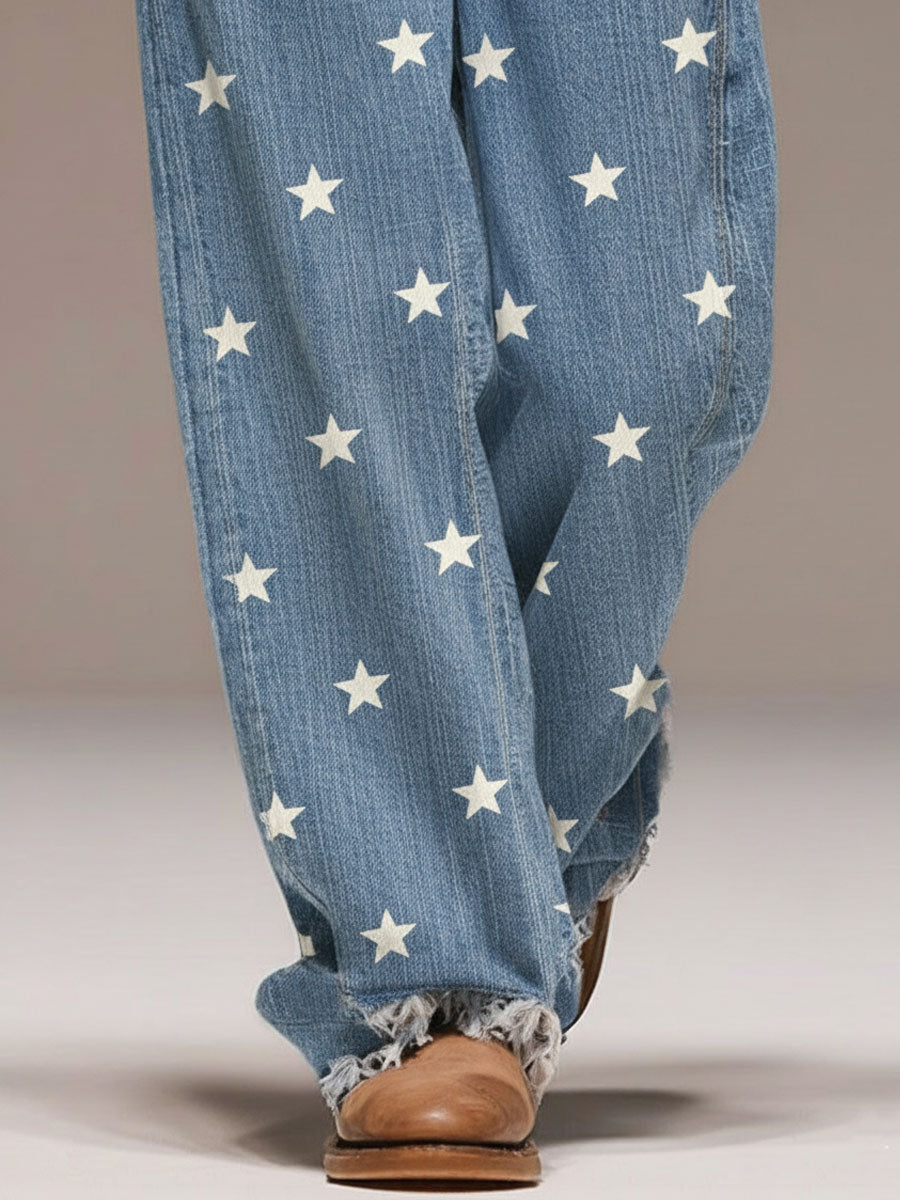 Casual Retro Five-star Print Frayed Wide-leg Light Blue Jeans