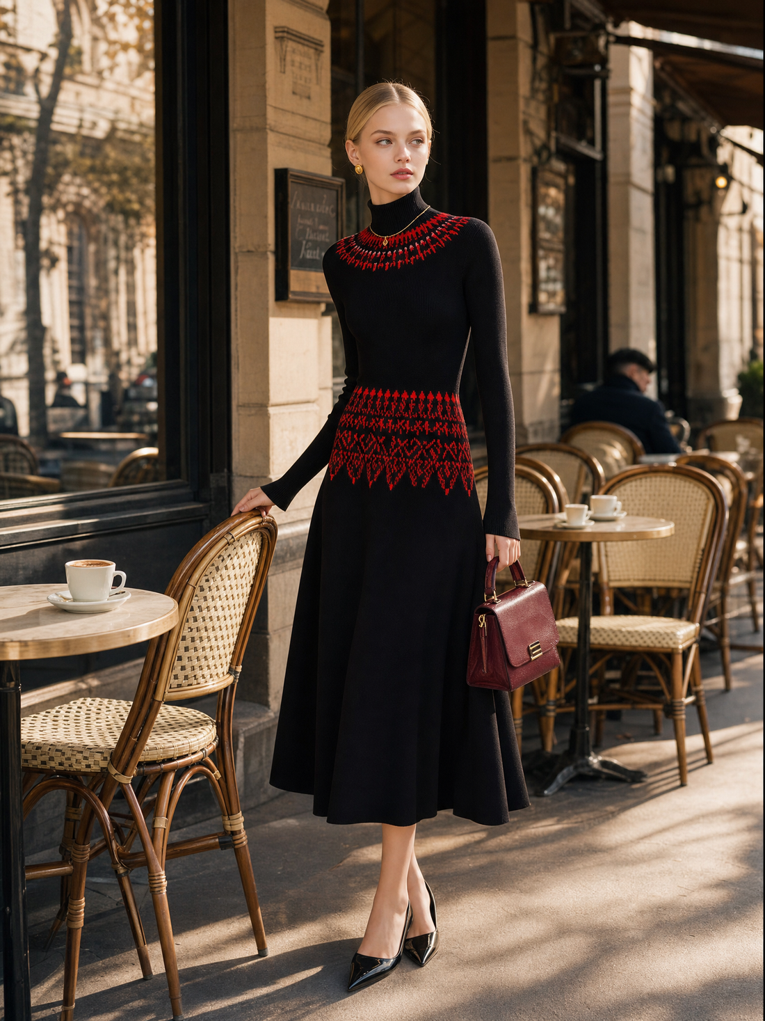 Retro-chic Red Patterned Knitted Maxi Dress