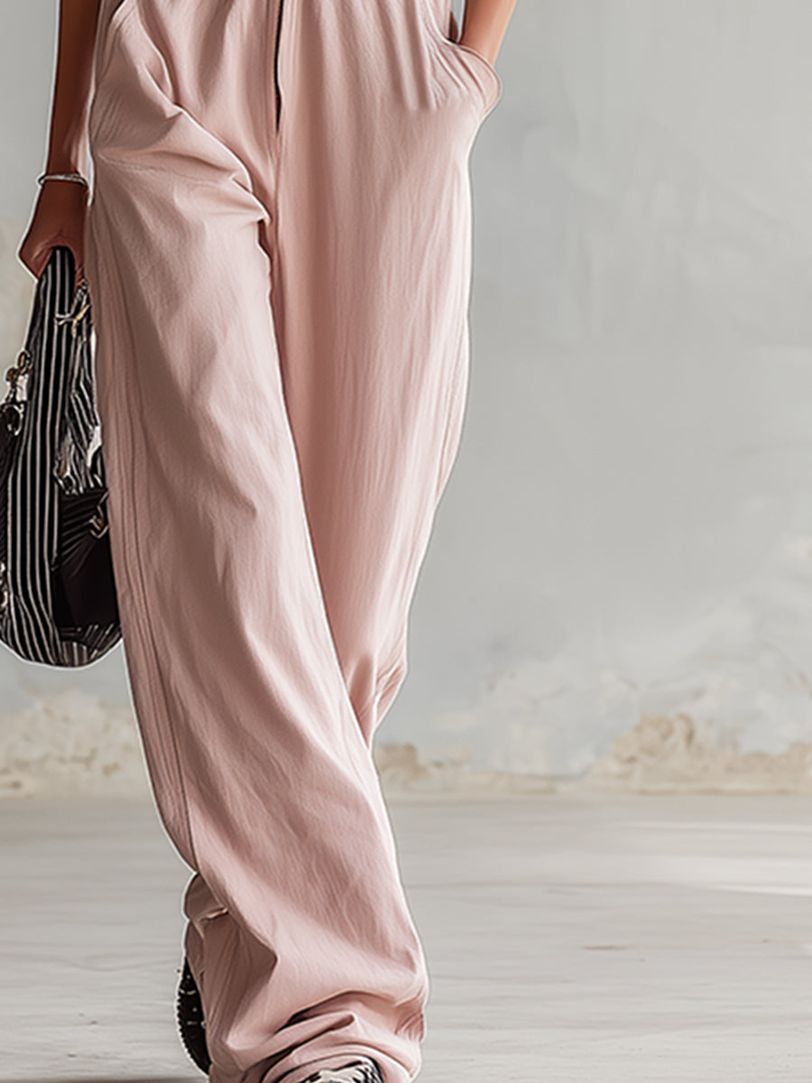 Stylish Color-blocked Striped Sleeve Pink Cotton Jumpsuit