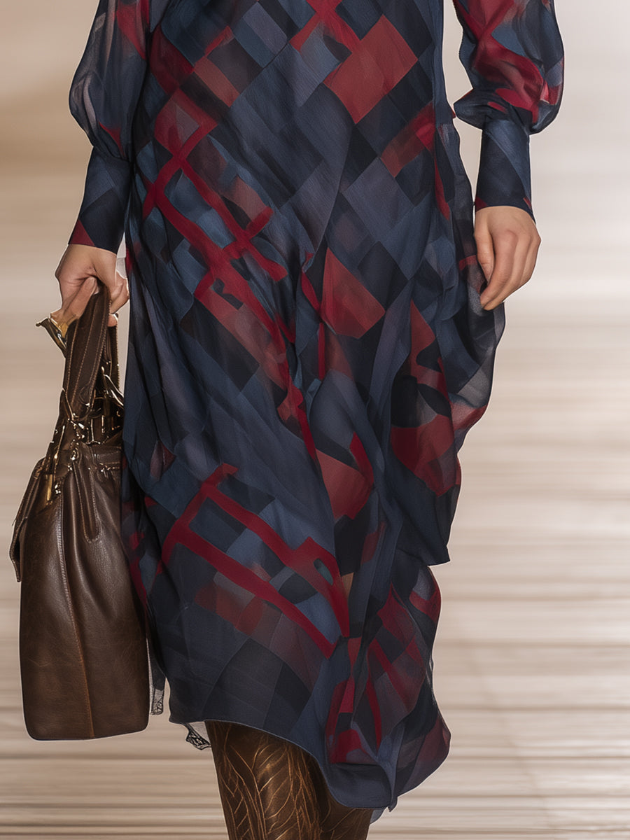 Retro-chic Red And Blue Floral Print V-neck Chiffon Maxi Dress