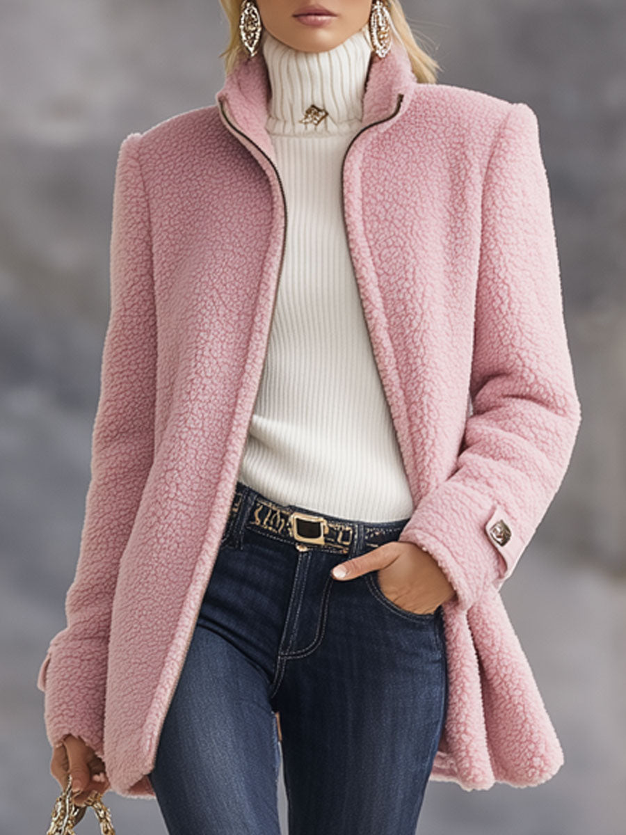 Casual Vintage Pink Polar Fleece Zip-Up Jacket Coat