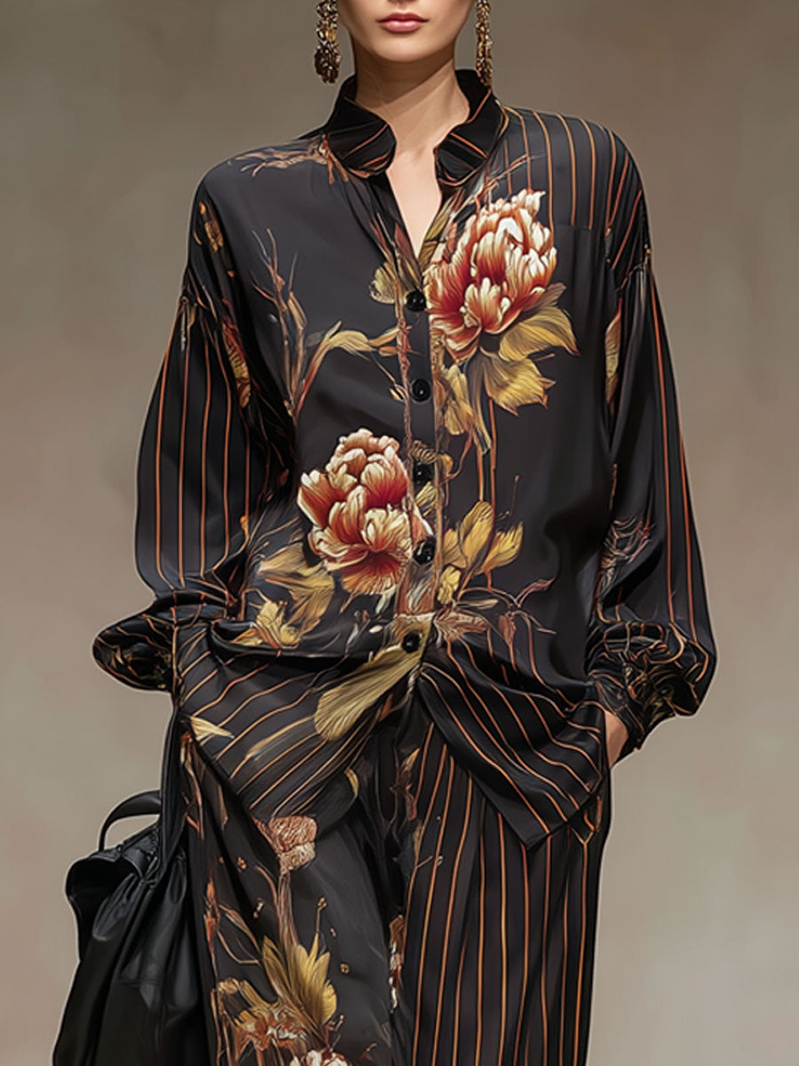 Retro Striped Peony Print Black Chiffon Long-sleeved Shirt And Wide-leg Pants Set