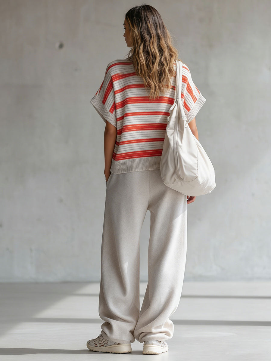 Retro Striped Knit Short-sleeved Shirt And Gray Pants Set