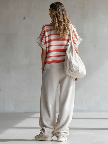 Retro Striped Knit Short-sleeved Shirt And Gray Pants Set