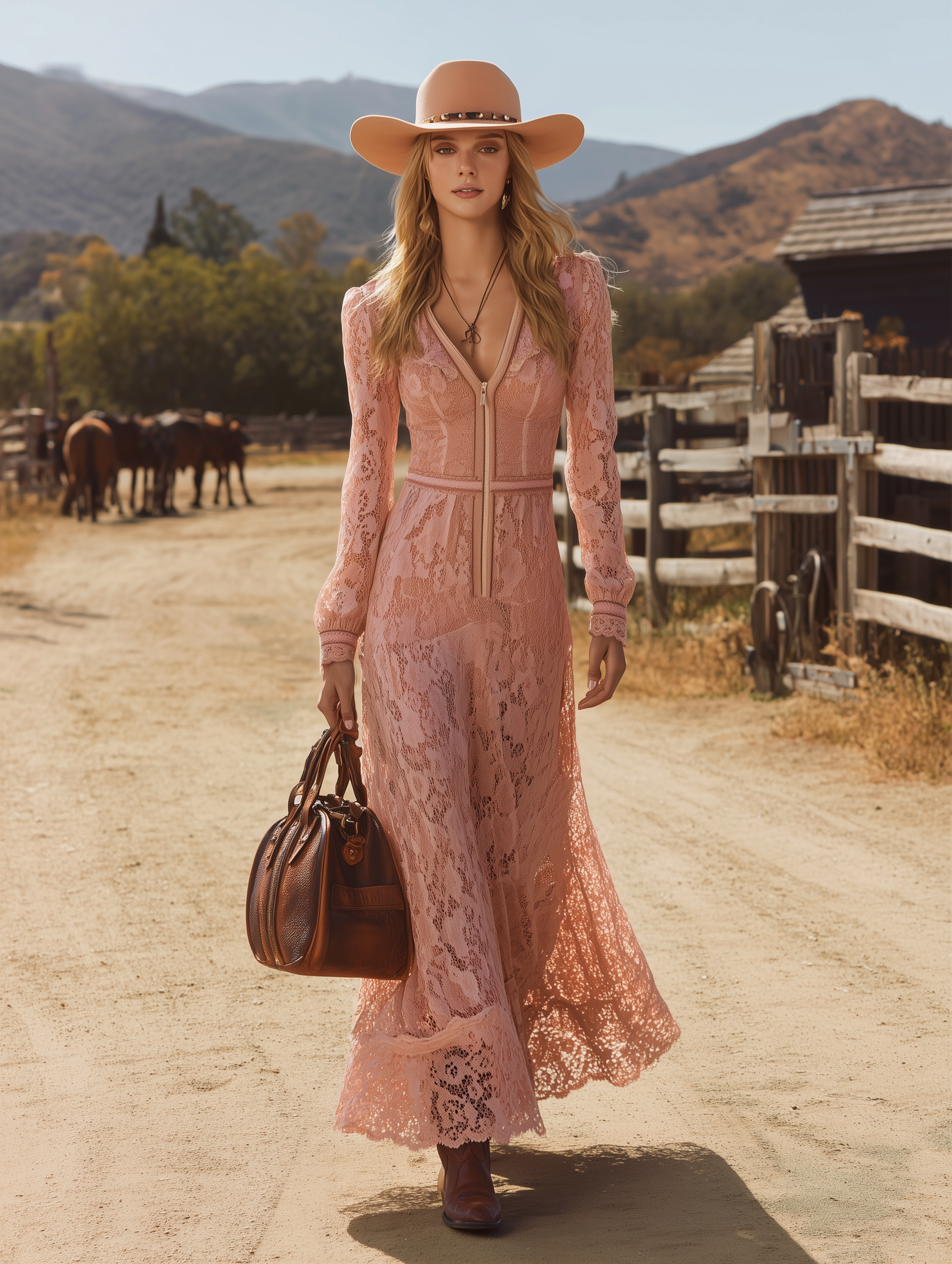 Elegant Pink Lace Long-sleeved Zip-up Maxi Dress