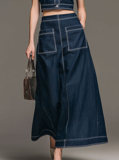 Fashionable Retro Blue Washed Denim Sleeveless Top And Skirt Set