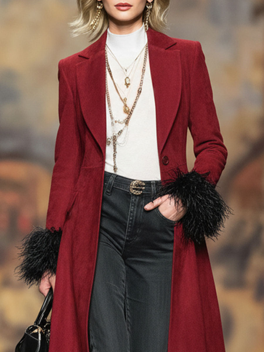 Lapel Color-blocked Feather Single-breasted Faux Suede Coat