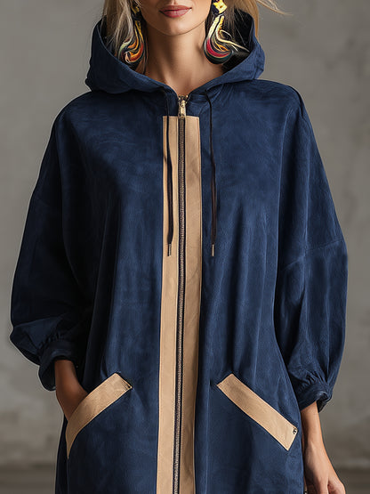 Loose-fitting, Casual Beige-trimmed Navy Blue Faux Suede Hooded Maxi Dress