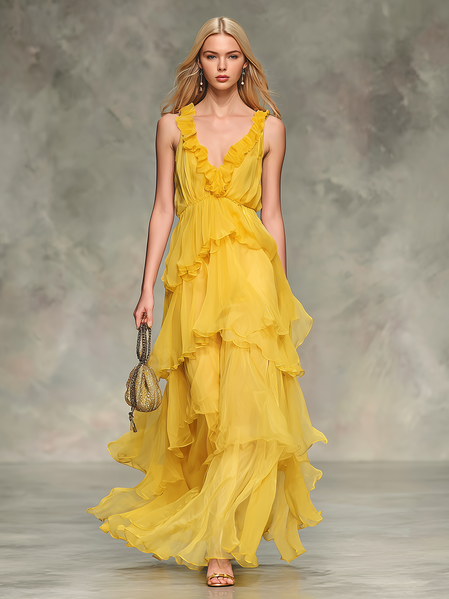 Elegant And Stylish V-neck Layered Chiffon Ruffles Maxi Dress