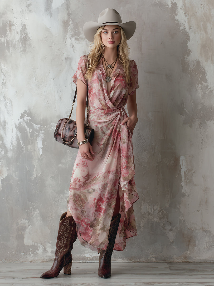Vintage Romantic Pink Floral Print Chiffon Wrap-style Short-sleeved Maxi Dress