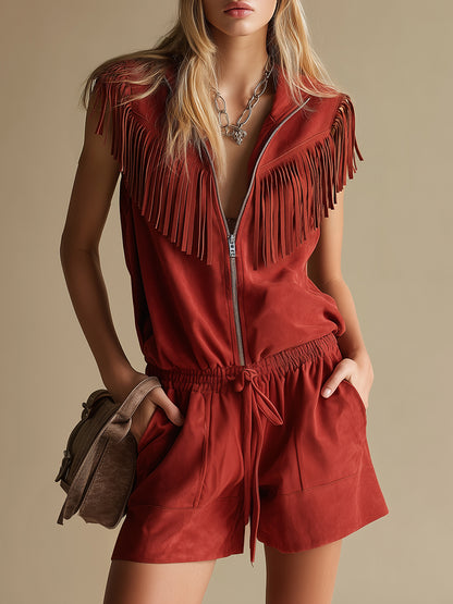 Retro Western-style Stand-collar Zippered Sleeveless Faux Suede Jumpsuit