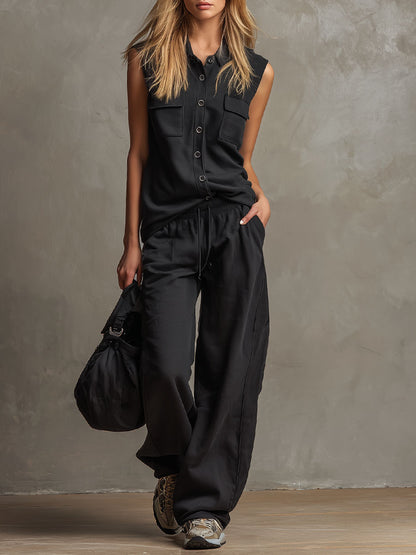 Black Collared Button-down Sleeveless Top And Trousers Set