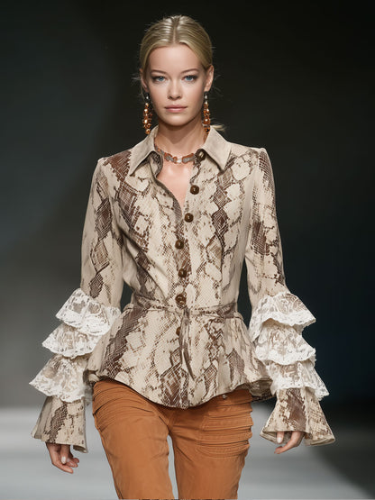 Fashionable Retro Lace Ruffle Snakeskin Beige Faux Suede Long-sleeved Shirt