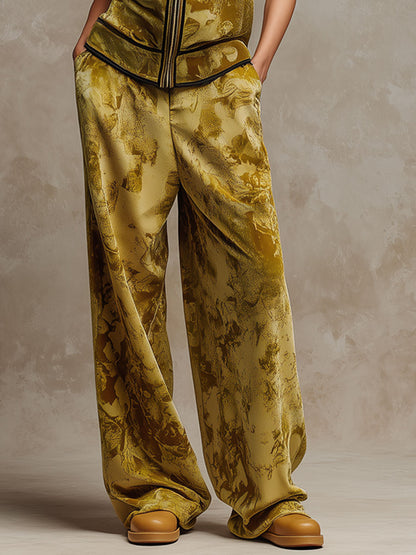 Sporty Retro Camouflage Yellow-Green Velvet Sleeveless Hoodie Wide-Leg Pants Set