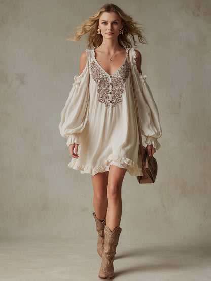 Western Retro Embroidered Beige Long-Sleeved Cotton Linen Mini Dress