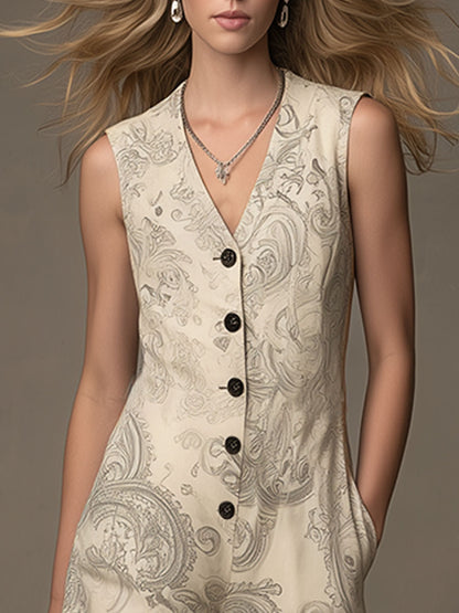 Western Retro Gray Print Off-White Sleeveless Faux Suede Jumpsuit