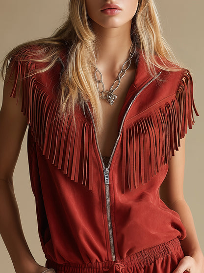 Retro Western-style Stand-collar Zippered Sleeveless Faux Suede Jumpsuit