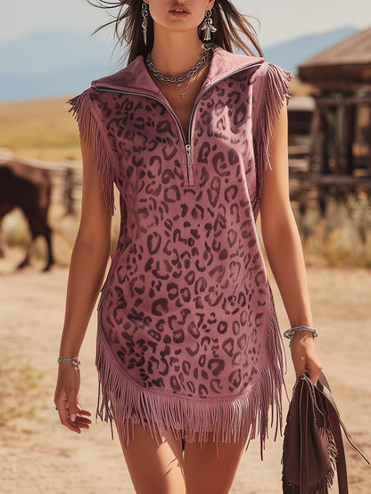 Western Retro Pink Leopard Print Lapel Zip-up Sleeveless Mini Dress