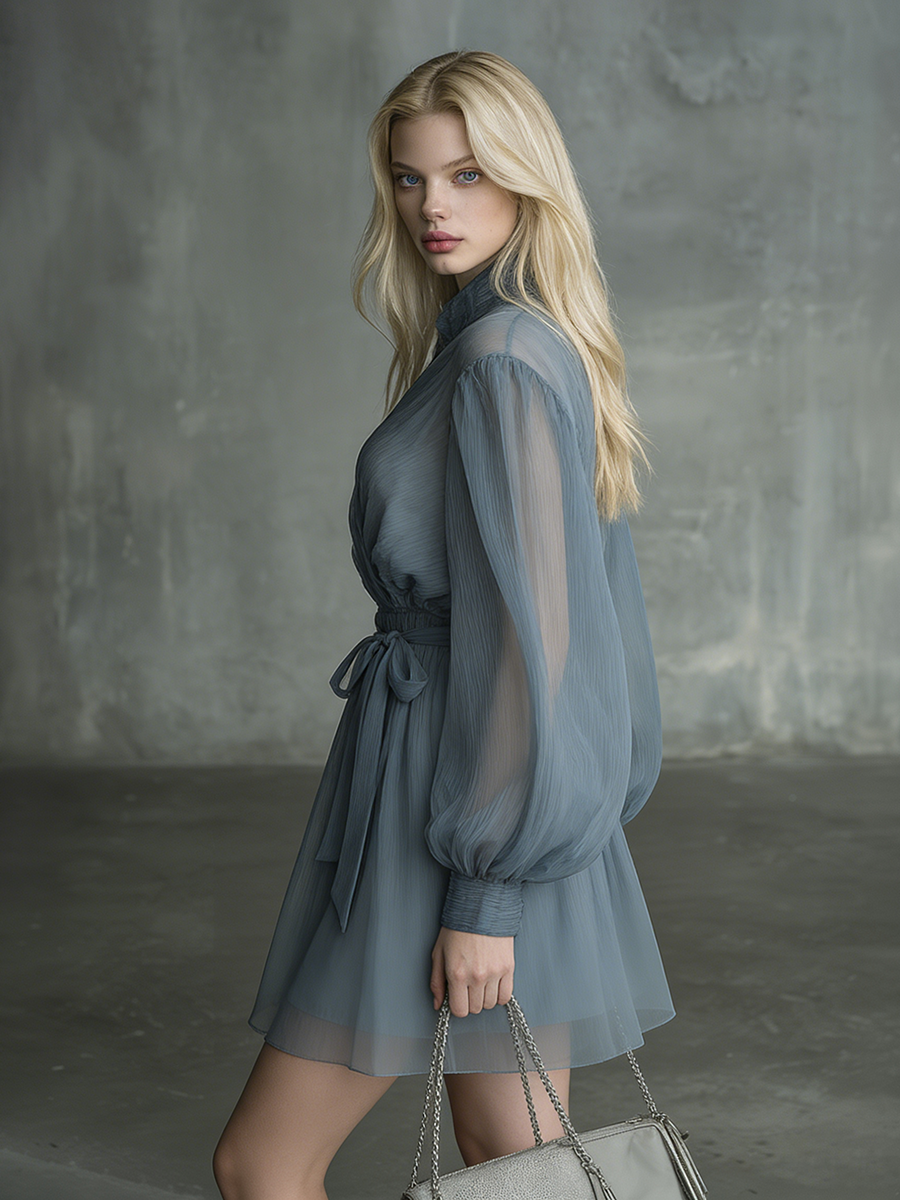 Beautiful And Stylish Cross-neck Long-sleeved A-line Chiffon Mini Dress