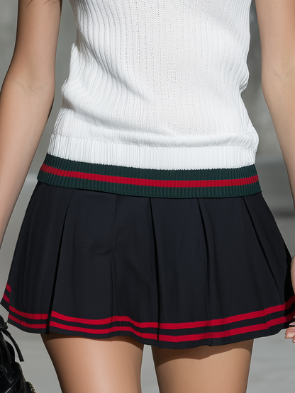 Sporty Stylish Retro V-neck Sleeveless Knitted Tank Top And Pleated Skirt Set