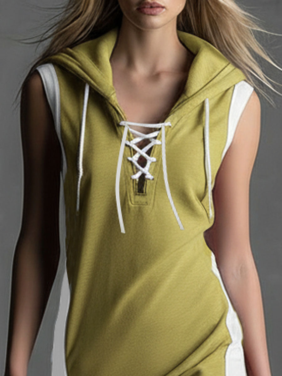 Color-blocked Patchwork Lace-up Hooded Sleeveless Mini Dress