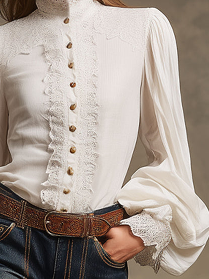 Western Retro White Lace Cotton Long-Sleeved Shirt