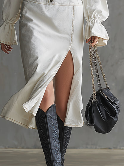 Elegant And Stylish White Stretch Denim Belt Midi Dress