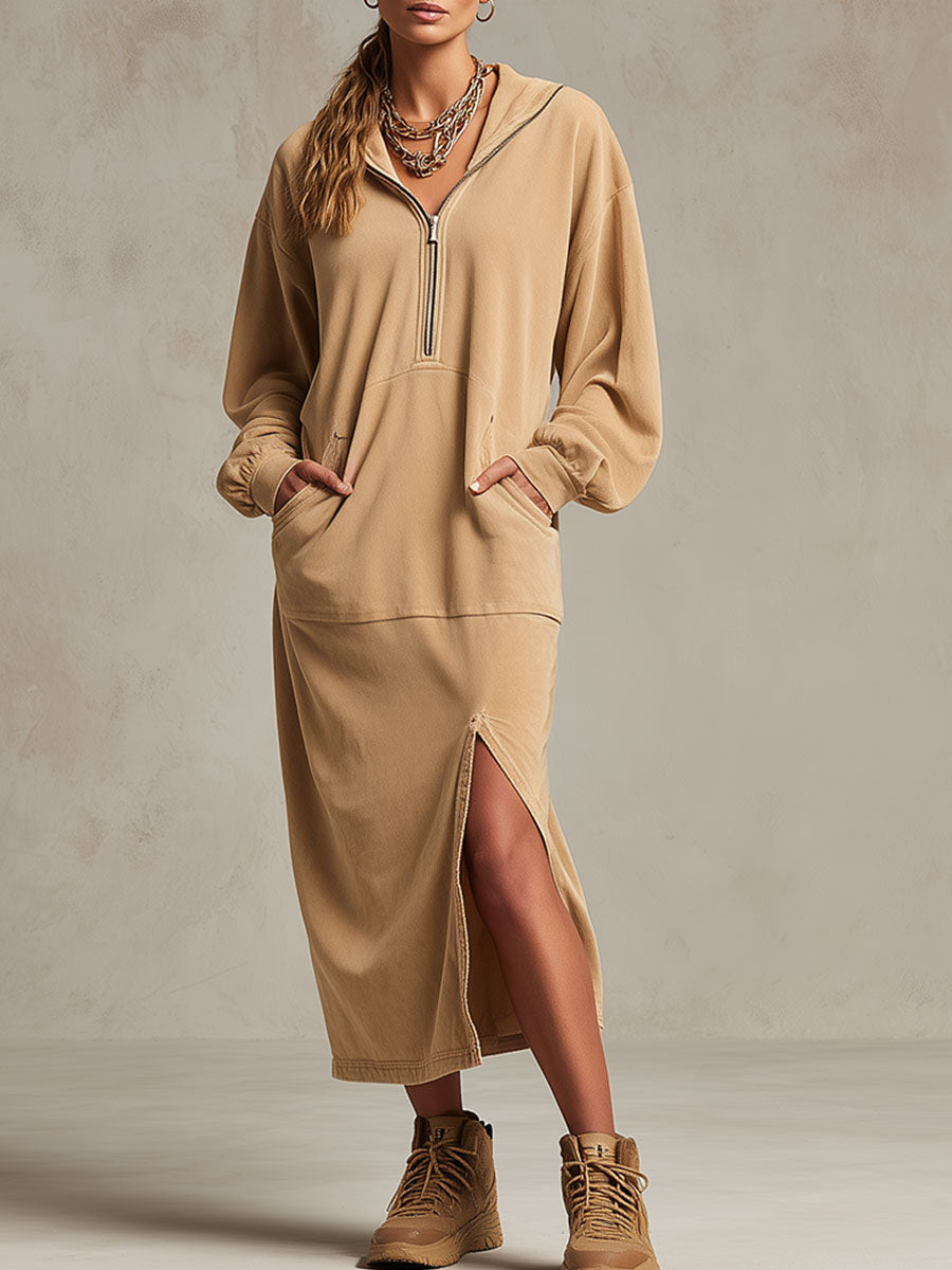 Casual Sporty Retro Camel Hooded Sweatshirt With Slit Midi Dress