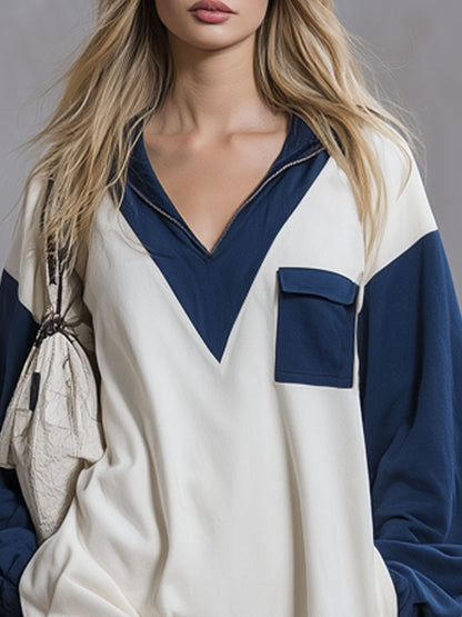 Loose-fitting Color-blocked Half-zip Long-sleeved Athletic Mini Dress