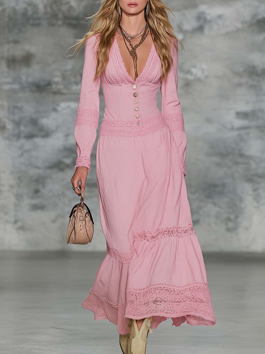 Elegant Retro V-neck Lace-trimmed Light Pink Cotton Midi Dress
